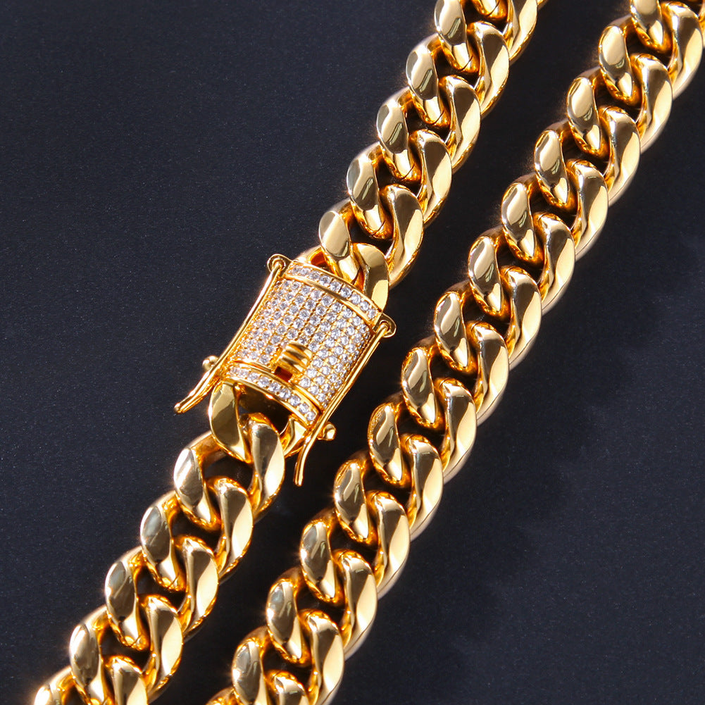 Unisex Stainless Steel Cuban Link Chain Necklace & Bracelet Set, Gold Plated Statement Jewelry
