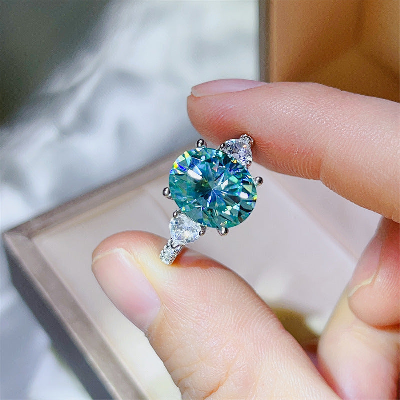 5 Carat Blue Green Moissanite Ring for Women, Micro Pave Halo Style Engagement Ring product image