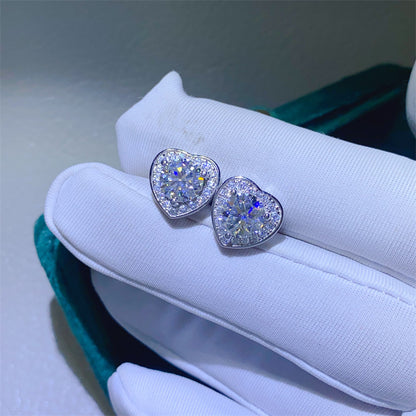 Heart Moissanite Stud Earrings for Women, Halo Heart Earrings, Romantic Gift Earrings, 1 Carat or 2 Carat Pair