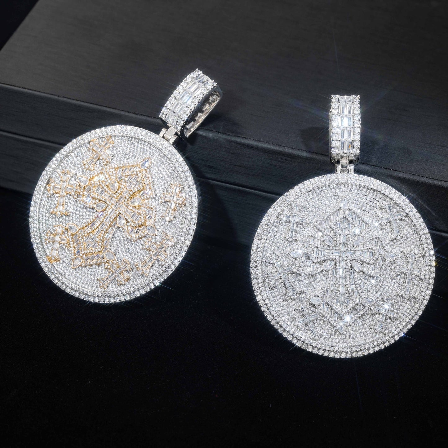 Iced Cross Round Pendant Necklace, 3MM Twisted Chain, Hip Hop Streetwear Jewelry