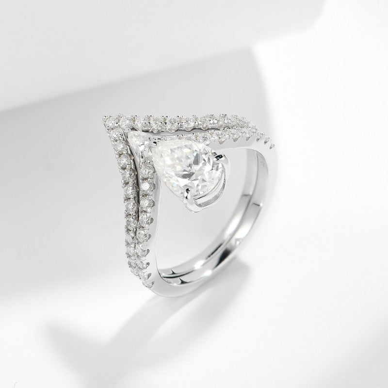 Pear-Shaped Moissanite Engagement Ring, S925 18k White Gold Plated V Pavé Ring for Women product image