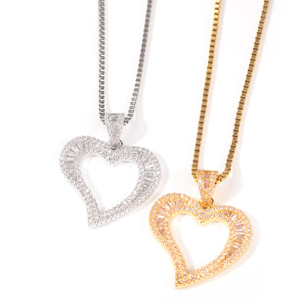 Unisex Heart Pendant Necklace with Cubic Zirconia Box Chain - Gold, Silver & Rose Gold Tone