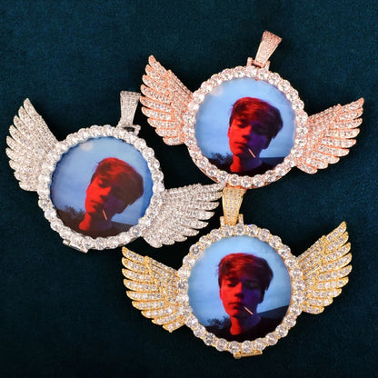Winged Photo Frame Hip Hop Pendant Necklace for Unisex