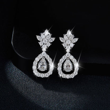 Moissanite Drop Earrings for Women, Pear Floral Stud Dangle Earrings, S925 Silver 18K Gold Plated