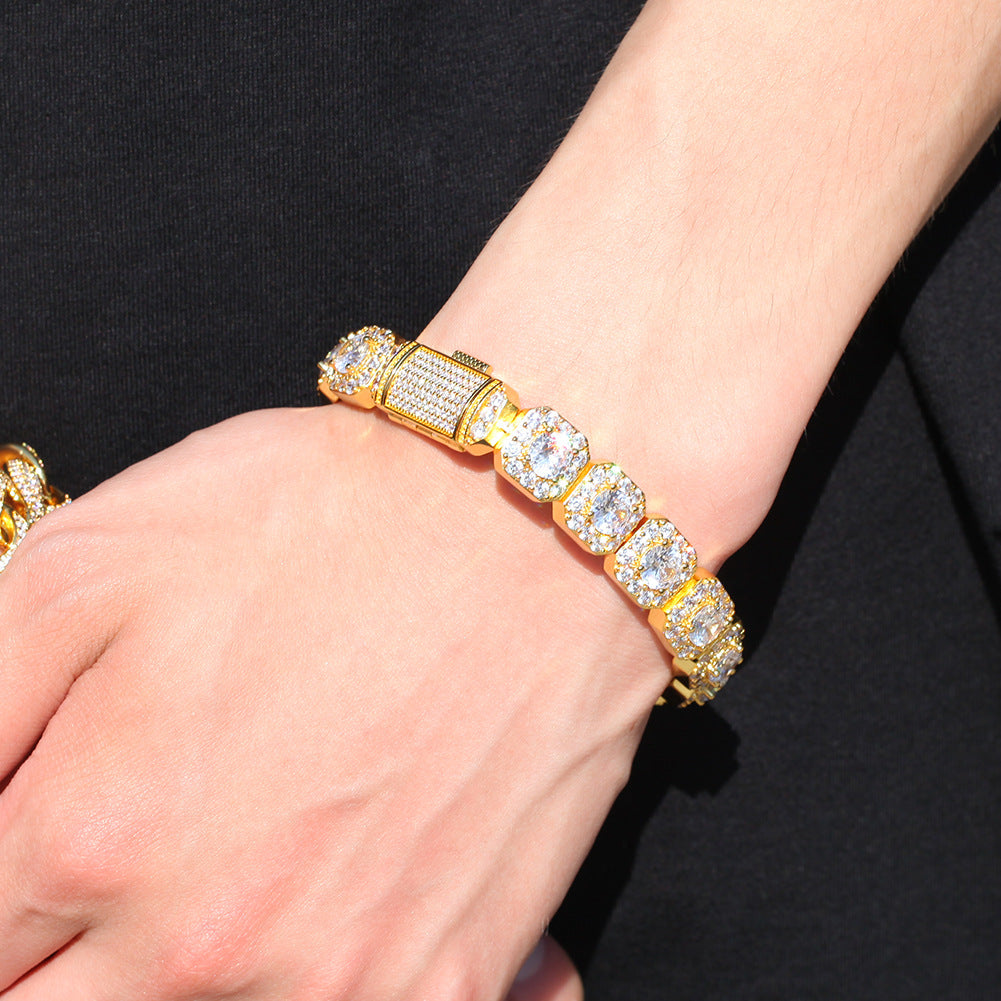 Unisex Iced Cubic Zirconia Chain Bracelet in Gold or Silver Tone - Hip Hop Statement Link Bracelet 7 Inch / 8 Inch