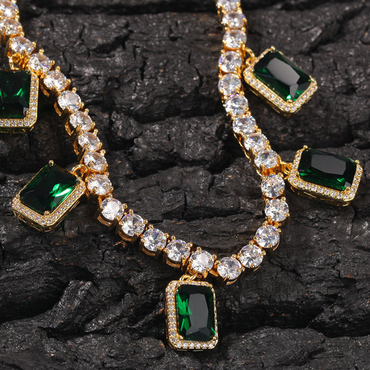 Unisex Hip Hop Golden Tennis Chain Necklace with Emerald-Cut Zircon Pendant, Custom 16/18 Inch Copper Statement Jewelry