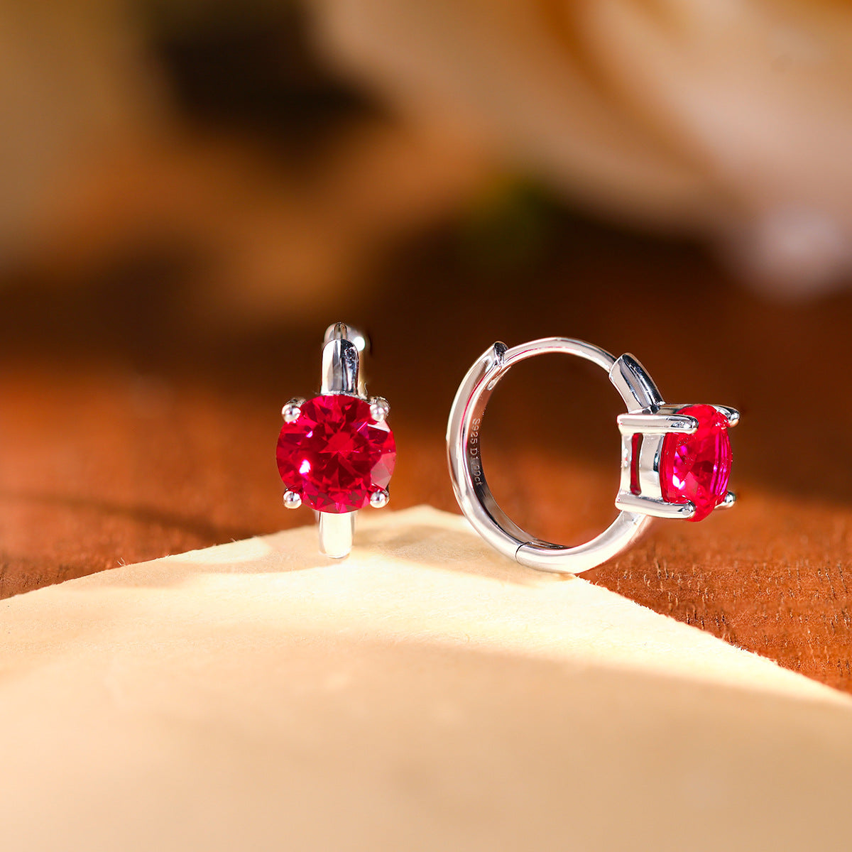 S925 Hoop Earrings for Women, Round Blue Red Stone, 18K Gold Plated product image