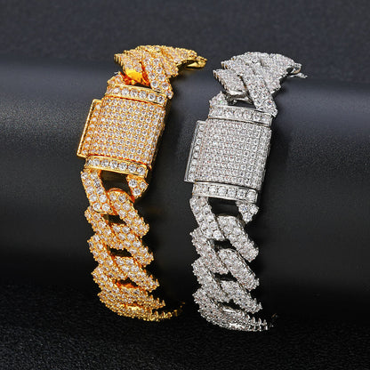 14 mm Diamond-Shaped Iced Cuban Copper Necklace or Bracelet with Cubic Zirconia - CHA013