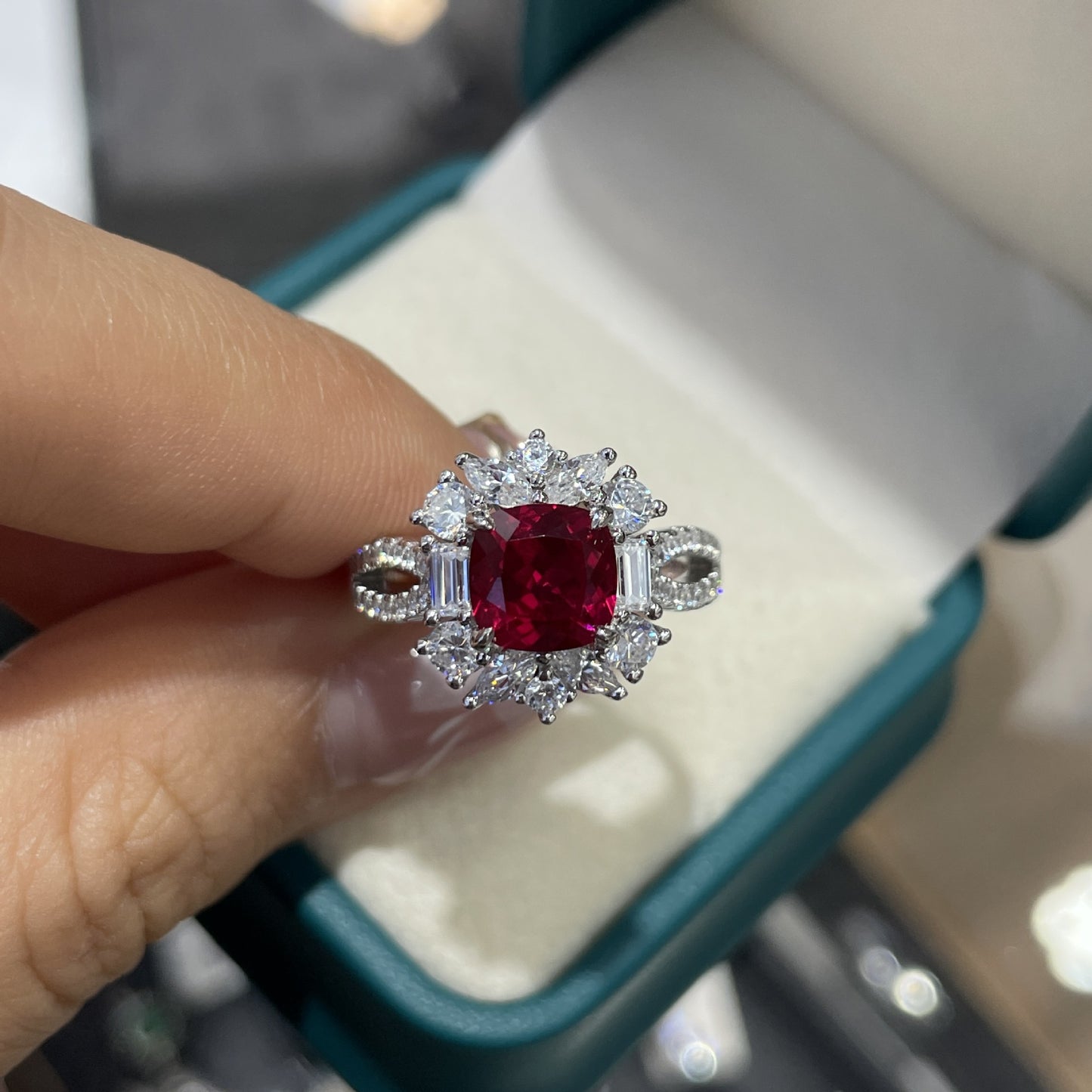 Cushion Red Gemstone Halo Ring for Women, Vintage Style Statement Jewelry product image