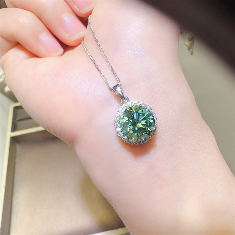 Green Moissanite Halo Pendant Necklace for Women, Round Pavé Style Gift Jewelry product image