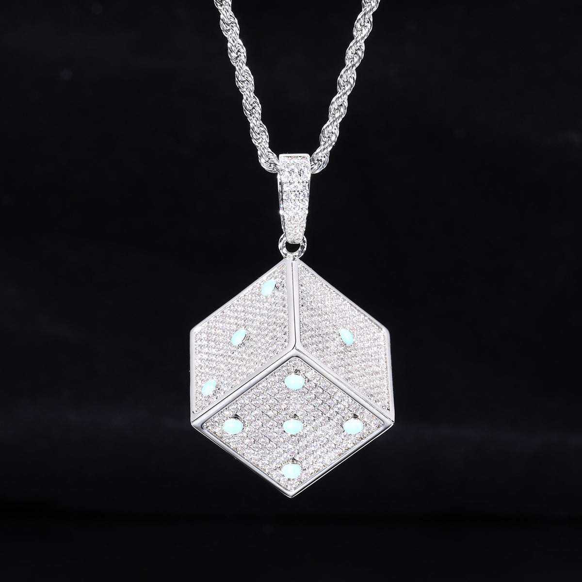 Hip Hop Dice Pendant Necklace, Geometric Zircon Rope Chain, White Tone product image