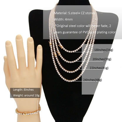 Men’s Iced Out Cubic Zirconia Tennis Chain Necklace & Bracelet Set in Stainless Steel