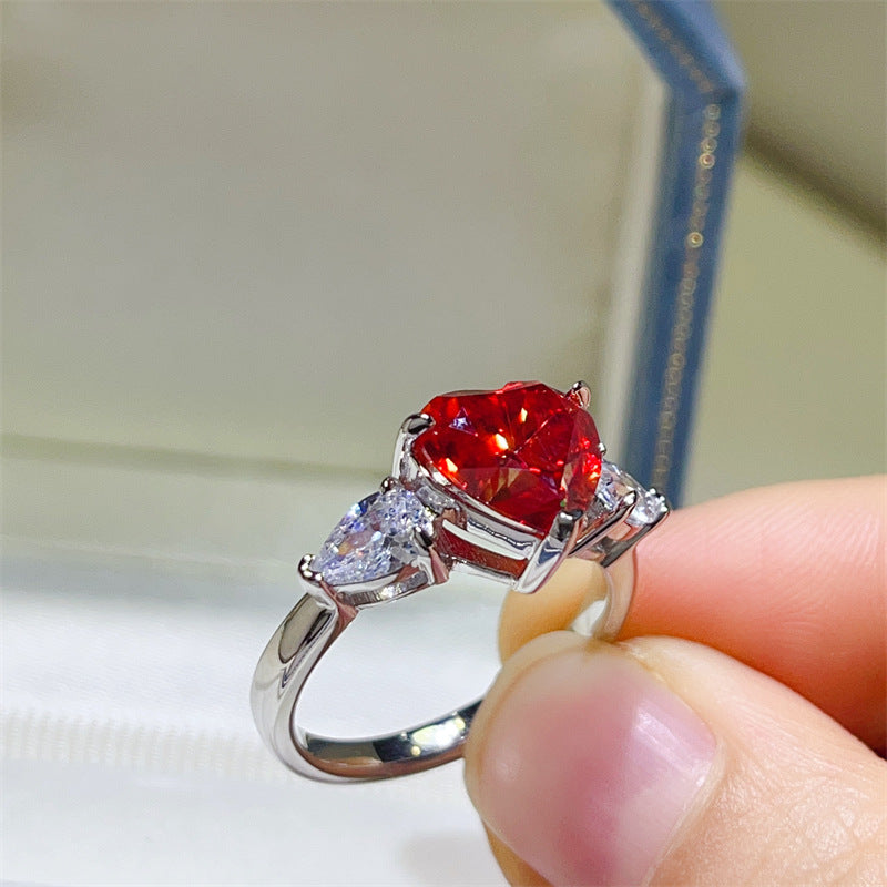 Red Heart Moissanite Ring for Women, Three-Stone Heart Cut Engagement Ring, 1 Carat 2 Carat 3 Carat Promise Ring product image