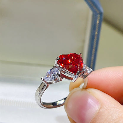 Red Heart Moissanite Ring for Women, Three-Stone Heart Cut Engagement Ring, 1 Carat 2 Carat 3 Carat Promise Ring