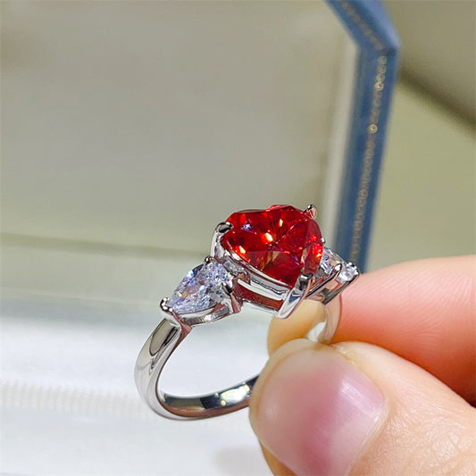 Red Heart Moissanite Ring for Women, Three-Stone Heart Cut Engagement Ring, 1 Carat 2 Carat 3 Carat Promise Ring