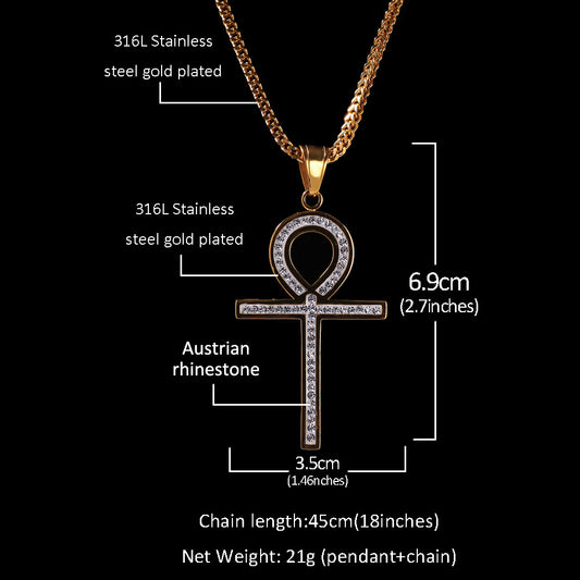 Minimalist Gold Plated Stainless Steel Ankh Pendant Necklace with Cubic Zirconia Chain for Women & Men