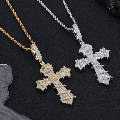 Iced Cross Pendant Necklace, Cubic Zirconia Rope Chain, Vintage Streetwear Jewelry