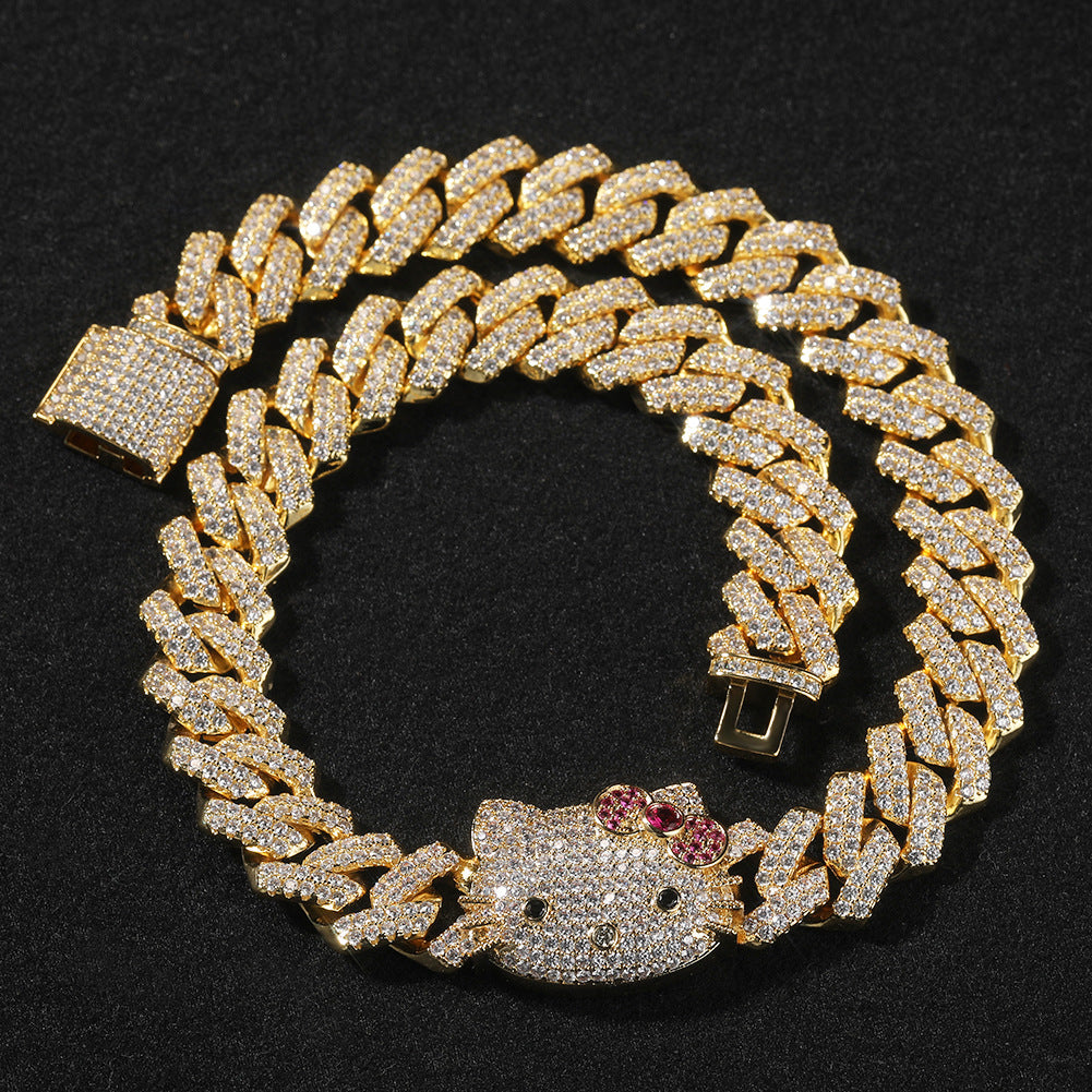 Iced Cartoon Cat Pendant Cuban Link Chain Necklace Bracelet for Women & Men, Gold Plated and Silver Plated Statement Jewelry