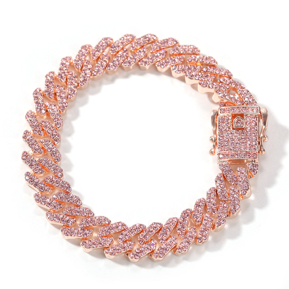 2026 Pink Iced Cuban Link Chain Set for Men – Alloy Electroplated Bracelet & Necklace Street Style Jewelry
