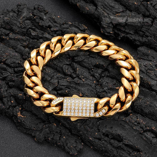 10-14 mm Polished Cuban with CZ Clasp Hip Hop Bracelet with Stainless steel Base - CHA189 alternate product image