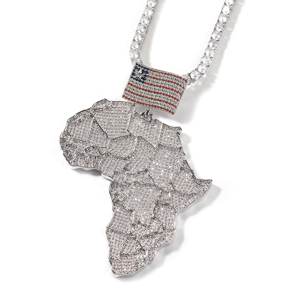 Iced Africa Map Pendant Necklace with CZ Stones & 24 Inch 3mm Rope Chain – Hip Hop Copper Necklace in Gold and Silver Tone
