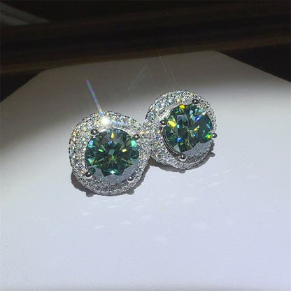 Green Moissanite Halo Stud Earrings for Women, Round Cut 6 Carat Total Ear Studs