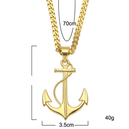 Unisex Gold Plated Stainless Steel Anchor Pendant Necklace with 5mm Cuban Chain