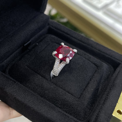 Cushion Cut Lab Created Ruby Ring for Women, Geometric Statement Cocktail Ring
