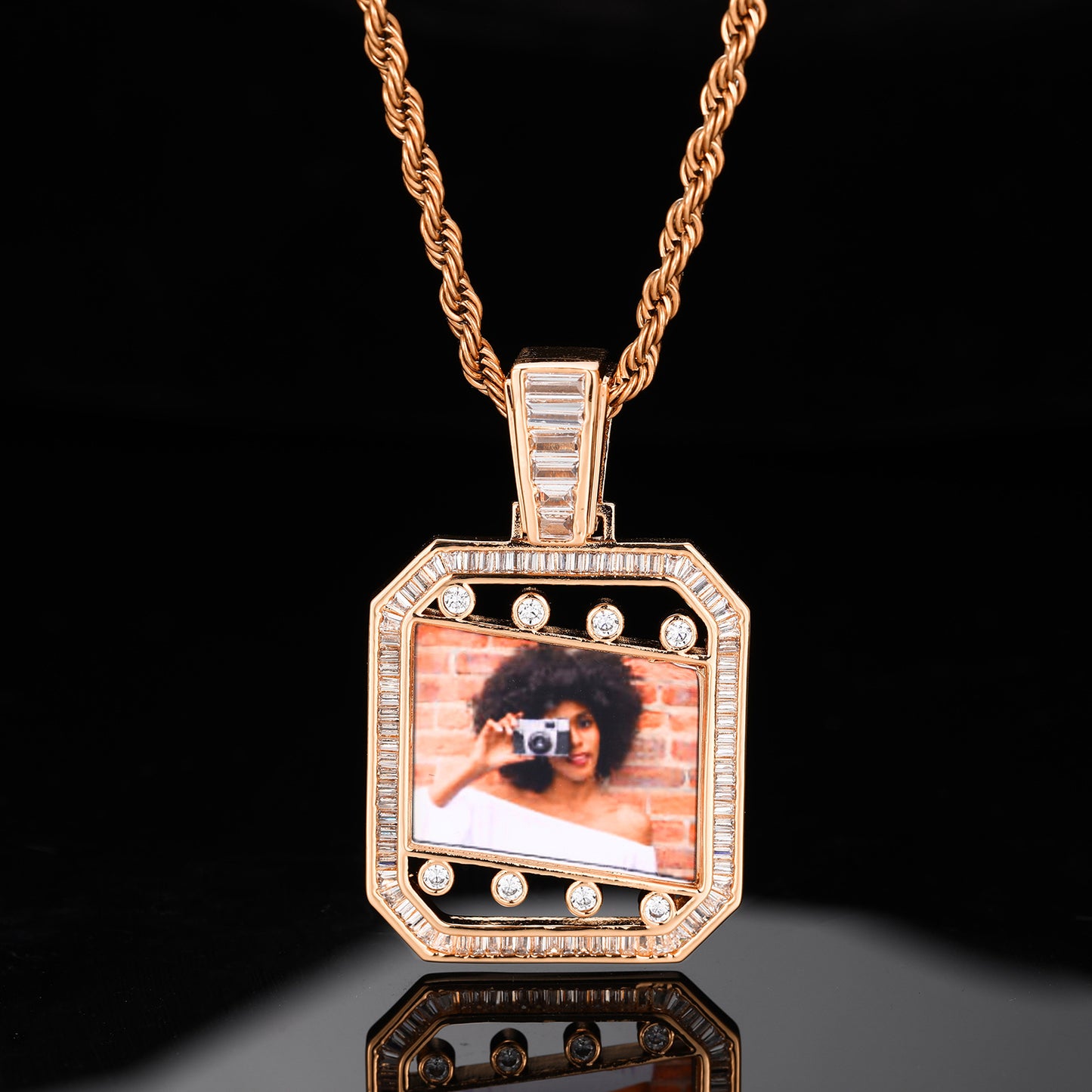 Iced Out Photo Frame Pendant Necklace with Rope Chain, Rectangular Cubic Zirconia Hip Hop Chain for Men product image