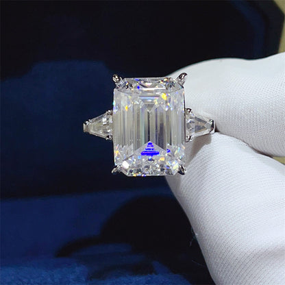 Emerald Cut Moissanite Engagement Ring for Women, Geometric Solitaire Ring with Side Stones