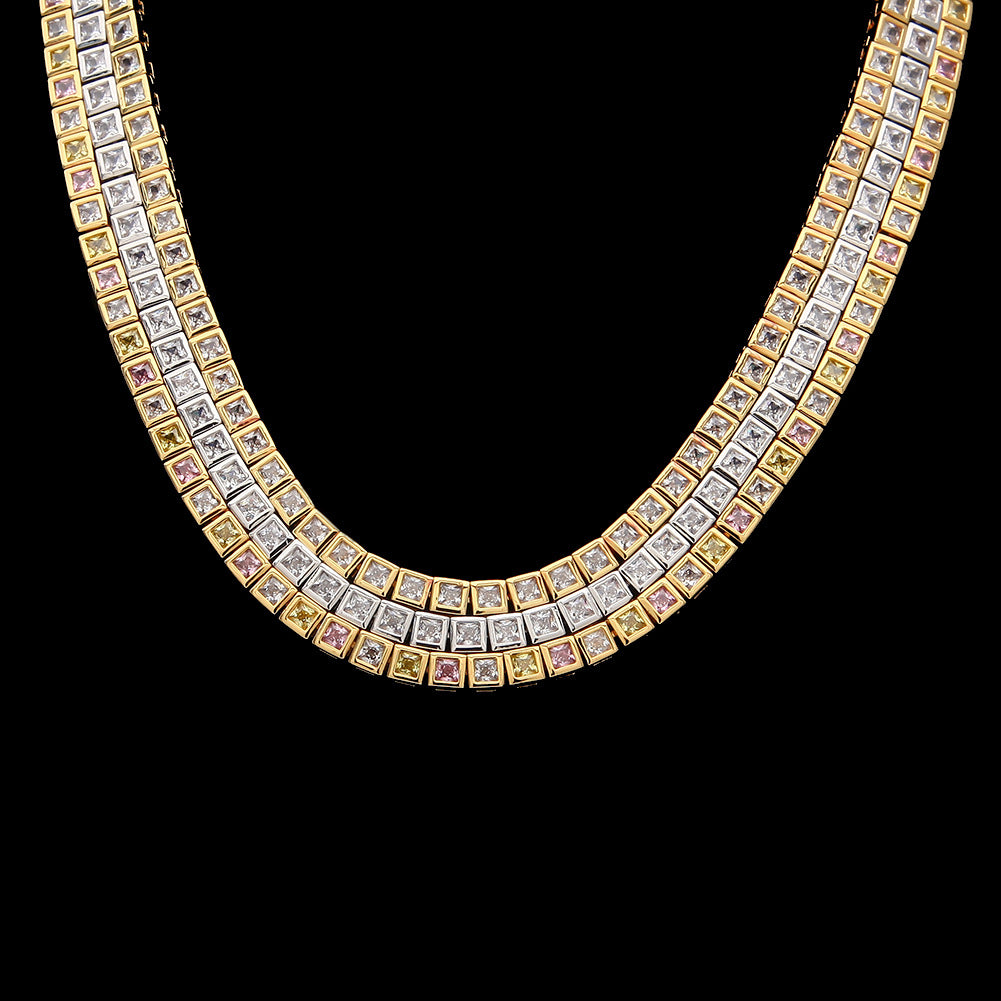 Unisex Square Cubic Zirconia Tennis Necklace - Gold Plated, Silver Plated or Multicolor Pendant Chain, 18-24 Inch Statement Jewelry