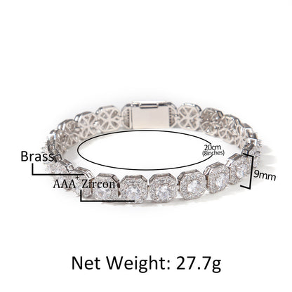 Unisex Iced Octagon Cubic Zirconia Bracelet - Gold or Silver Tone Hip Hop Statement Chain