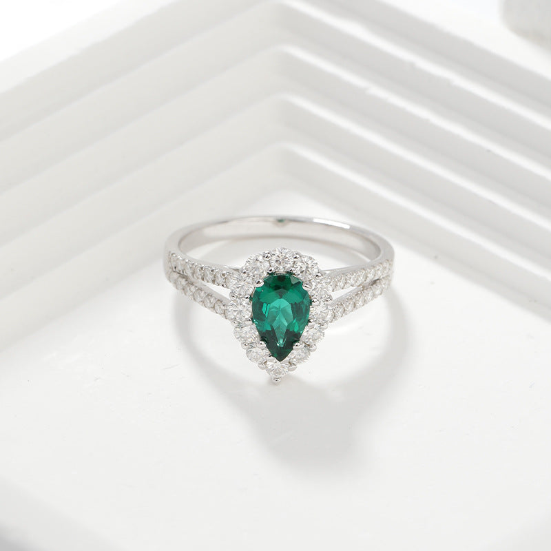 Pear-Shaped Green Halo Ring, Split Shank Engagement Ring for Women product image