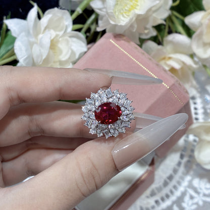 3 Carat Lab Grown Red Ruby Halo Ring for Women, Oval Statement Ring
