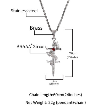 Iced Lizard Cross Pendant Necklace with Cubic Zirconia Twisted Chain - Silver, Blue, Red & Black Statement Necklace