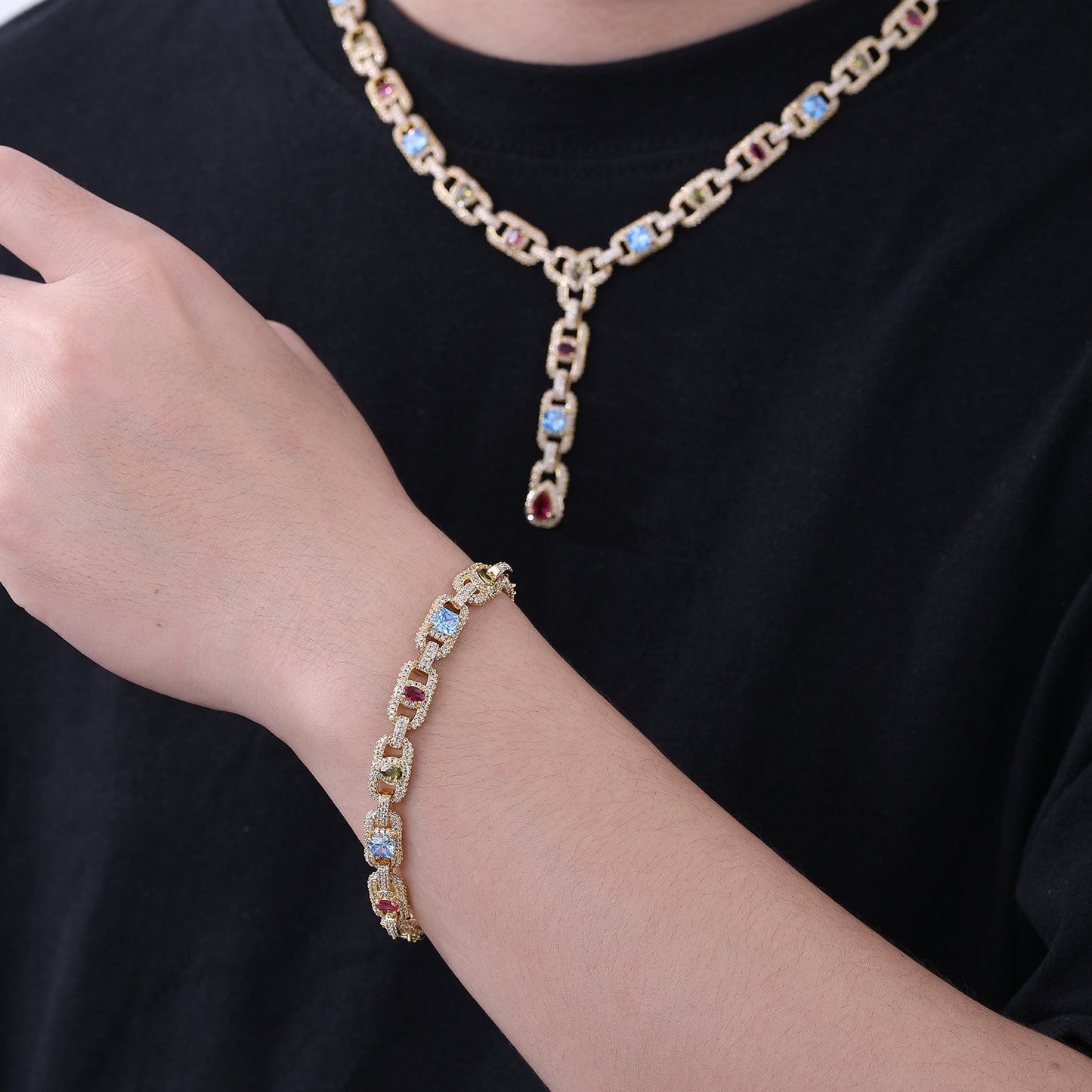 Multicolor Zircon Geometric Link Chain Pendant Necklace, Asymmetric Iced-Out Unisex Statement Jewelry