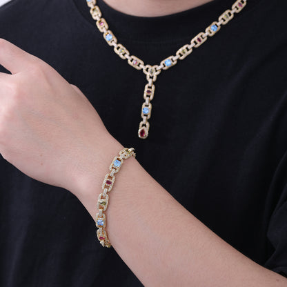 Multicolor Cubic Zirconia Geometric Link Chain Pendant Necklace, Asymmetric Iced-Out Unisex Statement Jewelry