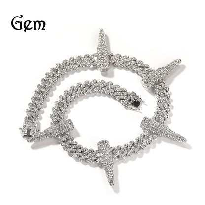Iced Spike Cuban Link Necklace Silver Tone Statement Pendant Chain for Men & Women