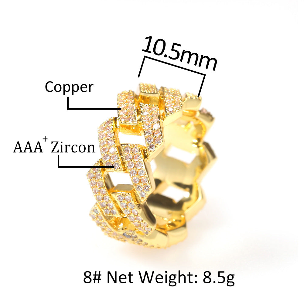 Iced Square Link Cuban Chain Ring with Cubic Zirconia for Women & Men - Gold or Silver Statement Ring