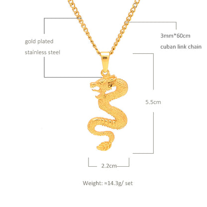 Gold Plated Stainless Steel Dragon Pendant Necklace for Women and Men – Hip Hop Statement Chain