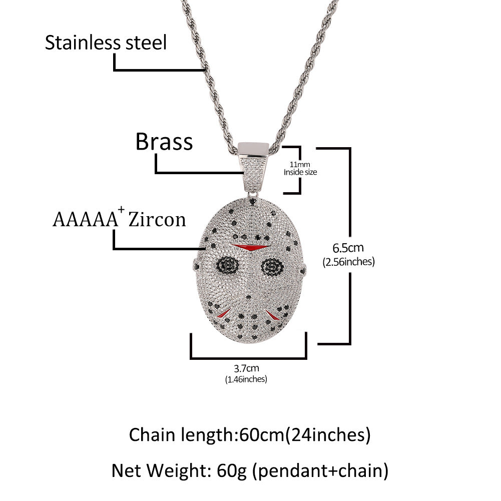 Silver Plated Mask Pendant Necklace with Cubic Zirconia, 24 Inch Twist Chain Statement Jewelry