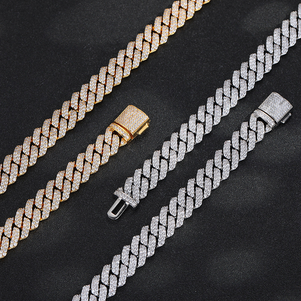 12mm Geometric Cuban Link Chain Necklace & Bracelet Set, Cubic Zirconia Hip Hop Jewelry product image