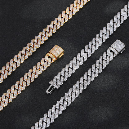 12mm Geometric Cuban Link Chain Necklace & Bracelet Set, Cubic Zirconia Hip Hop Jewelry