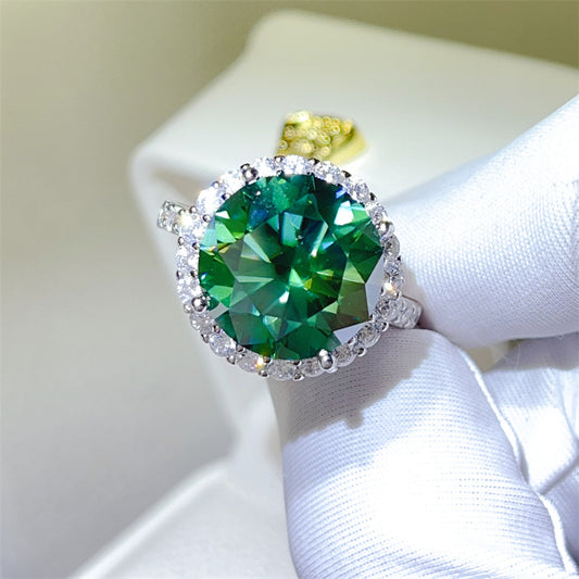 Green Moissanite Halo Ring for Women, 5 Carat Round Statement Engagement Ring
