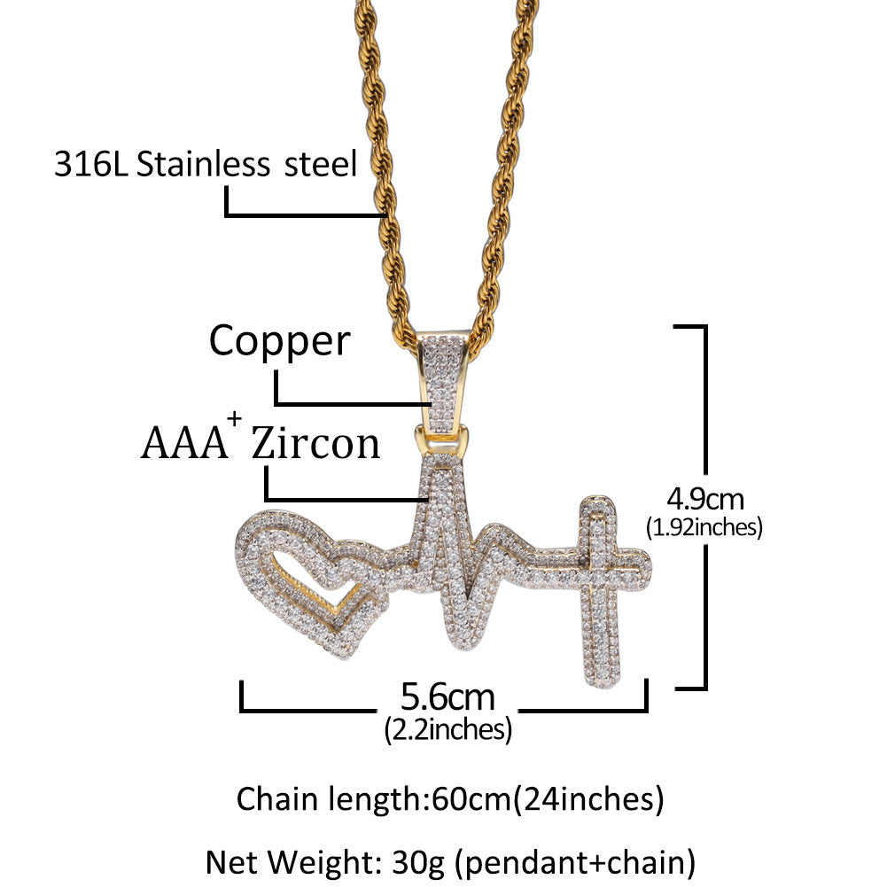Iced Heartbeat Heart Pendant Necklace with Cubic Zirconia Twisted Chain for Women & Men