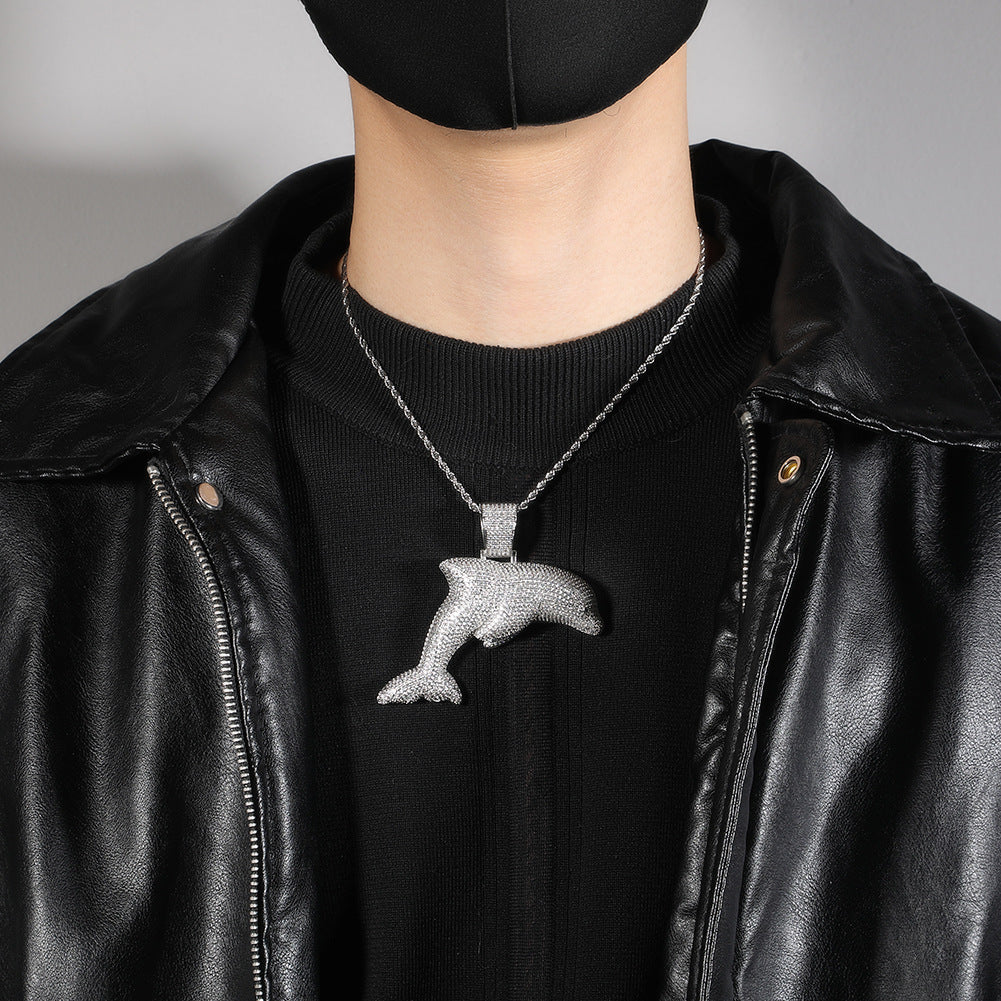 Iced Dolphin Pendant Necklace for Women with Blue & White Cubic Zirconia, Silver Plated Statement Chain product image