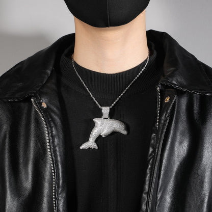 Iced Dolphin Pendant Necklace for Women with Blue & White Cubic Zirconia, Silver Plated Statement Chain