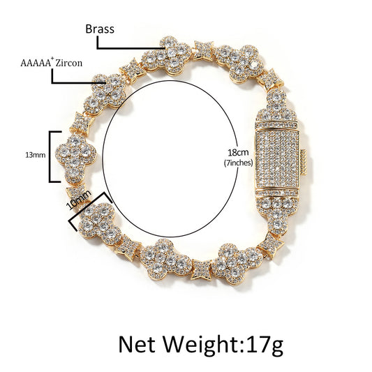 Unisex Cross Flower Cubic Zirconia Bracelet - Gold Plated or Silver Plated Hip Hop Statement Chain, 7 inch / 8 inch