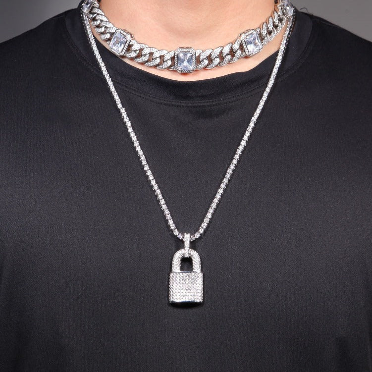 Iced Lock Pendant Necklace with Cuban Twist Chain for Women & Men - Gold Plated or Silver Plated Cubic Zirconia Statement Chain product image