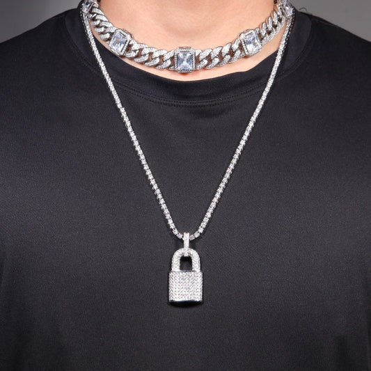 Iced Lock Pendant Necklace with Cuban Twist Chain for Women & Men - Gold Plated or Silver Plated Cubic Zirconia Statement Chain